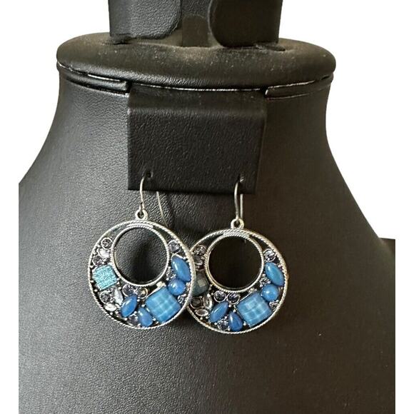 Blue Bead Silver Circle Dangle Earrings - Picture 1 of 3
